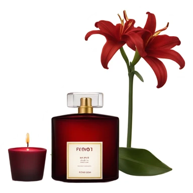 Dark red luxury perfume bottle with red lilies and a dark red candle sticker