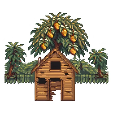 A simple light brown wooden house from a barrio with a mango tree in the foreground sticker