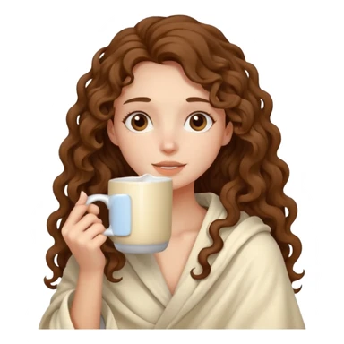 a slender girl with fair skin with long curly brown hair her shoulders are covered with a cream blanket in her hands a white mug her face is calm sticker