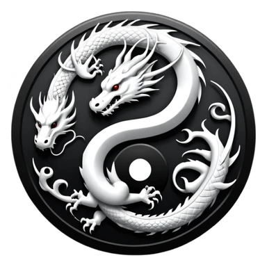 An icon symbolizing Eastern martial arts in the style of an emblem, featuring a black-and-white Yin-Yang symbol and a dragon at the center, surrounded by elements like a dojo. Transparent background highlights balance and power. sticker