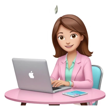  woman character with laptop and coffee relax table, dollars are floating, colorful pastel pink outfit, white laptop, brownn hair, fair skin,  sticker
