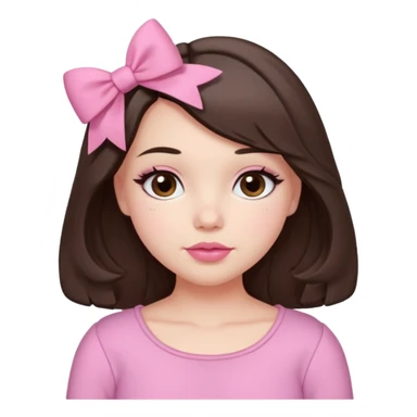 A cute slightly plump, fair-skinned girl with loose, slightly wavy, layered shoulder-length hair, dark brown eyes, and light pink lips. She wears coquette pink clothes, a small pink bow, and slightly rosy cheeks. sticker