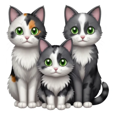 3 different coloured small cats including a dark grey and white, and a patchy calico and a completely solid dark grey with green eyes and only white paws\ sticker