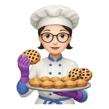 Older female pastry chef – round glasses, oven mitts on, holding a tray of pastries.

 sticker