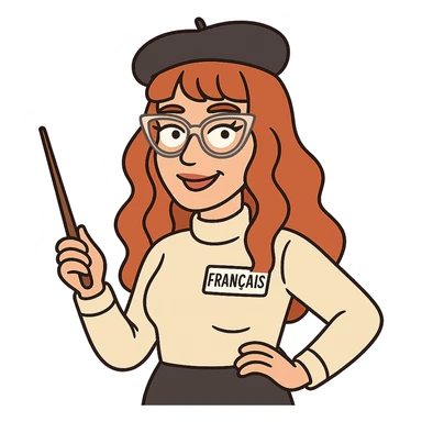 bitmoji style cartoon, redhead woman, long wavy hair, bangs, cat-eye clear-framed glasses, blue eyes, French teacher, with a beret sticker