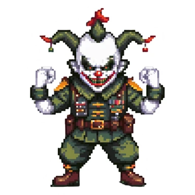 evil clown soldier, bald, short forehead horns, fangs, pointed ears, black and military green clothes, fighting stance sticker