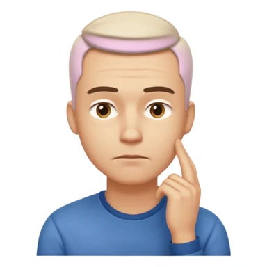 A clean-shaven man in casual clothing thinking critically, touching his chin with one hand, eyebrows slightly furrowed, focused and analytical expression. Neutral background, soft lighting, realistic emoji style. sticker