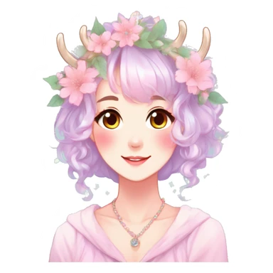 Gorgeous Shiny Colorful Pastel Anime Style Mature Lady with blushing face and pretty hair with a flower crown and antlers pastelcore kawaii cottagecore fairycore aesthetic trending style sticker
