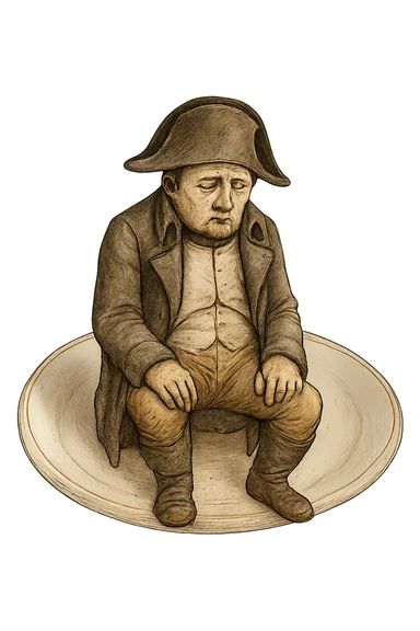 Сгенерируй мне такую же тарелку, только чтобы на ней сидел наполеон бонапарт, грустный, в чуть чуть рваной одежде. ТОРТ УБЕРИ ПОЛНОСТЬЮ. На прозрачной фоне  sticker