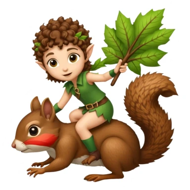 tiny forest elf short tight curly brown hair riding squirrel sticker