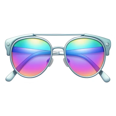 Colorful Y2K glasses with metallic frame, iridescent lenses, futuristic 2000s style sunglasses with digital vibes sticker