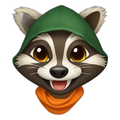 brown raccoon with orange eyes and a dark green hood that is laughing sticker
