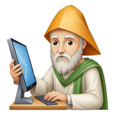 Pythagoras as a philosopher solving problems on a computer holding a triangle for the Pythagorean theorem sticker