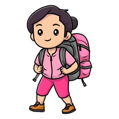 woman wearing pink clothes with hiking backpack sticker