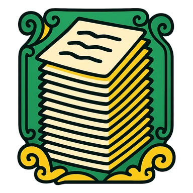 Make the stack of papers taller with a classic look. Use a green, gold, and white color scheme. Include elegant lines and decorative details, with no background. sticker