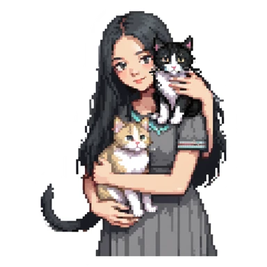 Beautiful girl with long black hair petting a gray and blonde mixed cat sticker