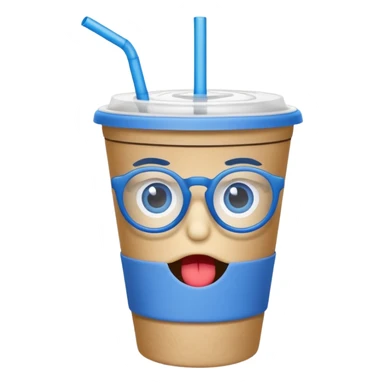 drink in a paper cup and straw, the cup has eyes and mouth and glassess sticker