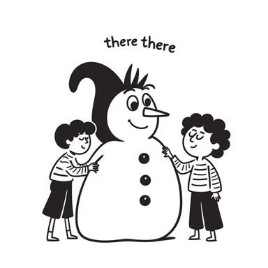 abominable snowman comforting a child, with the words 'there there', clear and expressive, suitable for YouTube sticker
