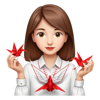 A happy Ukrainian young girl with brown hair in a white embroidered shirt makes an origami red crane craft sticker