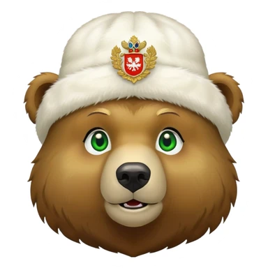 Cute grizzly bear face with green eyes, wearing a white fur hat with golden Russian coat of arms in the middle sticker