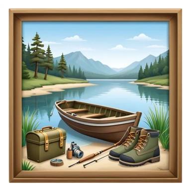 Icon for Fishing: a boat on the shore of a peaceful water body with a beautiful natural landscape, a fishing tackle box, a spinning rod, and boots nearby. The icon should capture the tranquility and gear of a fishing adventure. Transparent background. sticker