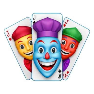 bunch of 3 poker cards, with crazy colorful human jolly jokers inside, inversed face sticker