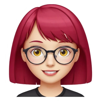 Menina com cabelos vermelho Cherry, liso com franja,olho direito rosa e olho esquerdo amarelo,pele clara e com oculos  sticker