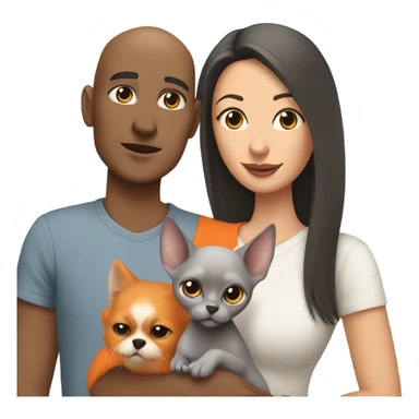 Bald man is holding a small grey sphinx cat and a woman with dark straight hair is holding a orange Pomeranian dog sticker