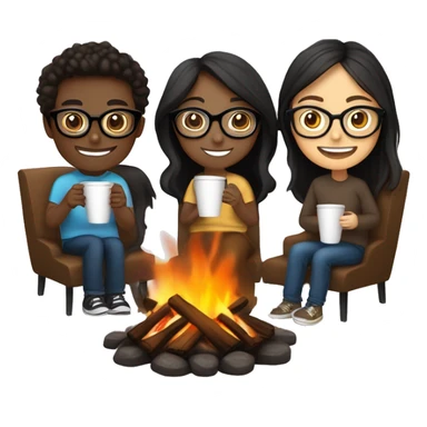 Three friends, one darker skin black hair with glasses (black framed) , one brown hair light skin  with glasses (clear frame), one dark brown hair light skin, make them all hold different kinds of coffee, sitting by the fire, smiling and talking sticker