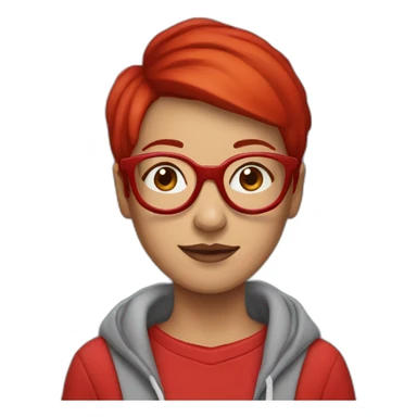 woman with red pixie cut wearing a red hoody and big red glasses sticker