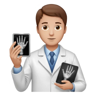 Radiografía de mano sostenida por un hombre con bata blanca  piel clara cabello café sticker