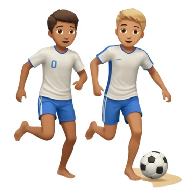 Two boys playing soccer at the beach no shirts. sticker