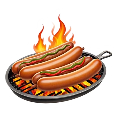 Cinematic Realistic Sausage Sizzle Dish Emoji, featuring sizzling sausages cooking over an open flame rendered with dynamic textures and warm, smoky lighting. sticker