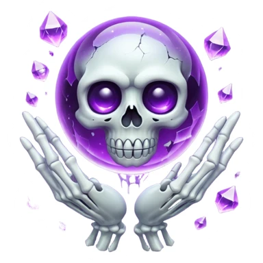A Discord emoji of a floating, cracked purple crystal orb held by skeletal fingers. Void magic theme, vibrant glow, sharp detail, white background. sticker