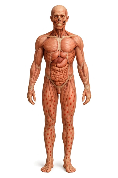 corpo umano anatomico a figura intera con red spot sparsi sulle gambe, iperrealistica in 3d sticker