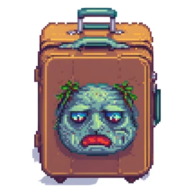 a pixel art style travel suitcase with a grumpy face, looking heavy and hard to carry sticker