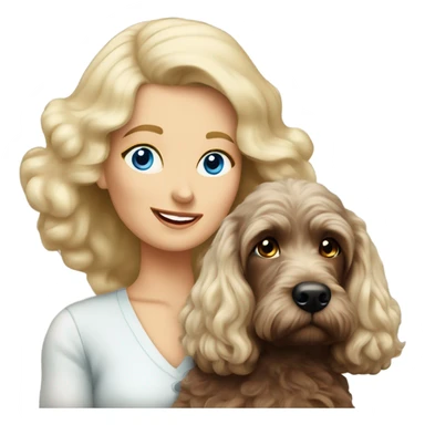 blue eyed very old long haired blonde lady with dark brown Cockapoo puppy dog sticker