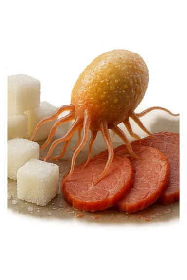 un batterio della candida si nutre di zollette di zuccheri e fettine di carne, IPERREALISTICO 4K sticker