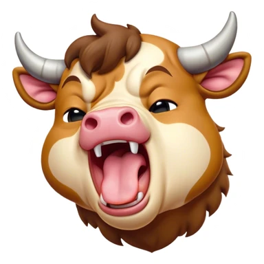 Cinematic Cute Yawning Domestic Bull Portrait Emoji, Head tilted slightly with a dramatic, wide-open yawn, showcasing a robust, muscular frame with a soft, downy coat and subtly drooping horns, round eyes barely open in drowsy contentment, Simplified yet irresistibly adorable features, highly detailed, glowing with a soft, cozy natural glow, high shine, relaxed yet expressive, stylized with a dash of rustic whimsy, soft glowing outline, capturing the essence of a sleepy yet affectionate domestic bull that seems ready to stretch out and settle for a nap! sticker