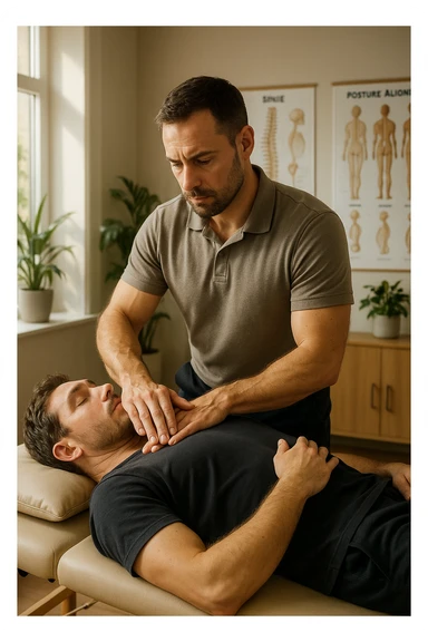 A realistic, cinematic illustration of a professional osteopath in his late 30s, wearing a fitted polo shirt in a neutral color, performing gentle manual manipulations on a patient to improve posture. The osteopath uses precise hand placement along the patient's upper back and cervical spine while the patient lies on a comfortable treatment table in a bright, modern clinic. Anatomical posters showing the spine and posture alignment are on the wall, and the room has warm, natural lighting with plants for a calming atmosphere. The scene emphasizes hands-on osteopathic care to restore body alignment, spinal mobility, and posture, showcasing trust, professionalism, and holistic care sticker