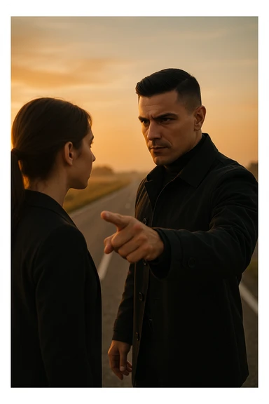 Cinematic photo of a confident man giving clear direction to a woman, standing in front of her with a firm but calm expression, pointing forward as if showing her the path to follow. The man is dressed in a dark jacket, embodying the role of a commander, while the woman looks at him attentively, ready to follow. The setting is an open road at sunrise with soft golden light, symbolizing new beginnings and leadership. Shot from a side angle, capturing both profiles with a clear view of his guiding gesture. sticker