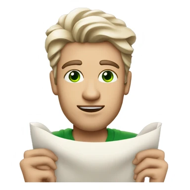 A light-skinned man with piercing green eyes, styled brown hair holding the long white paper scroll sticker