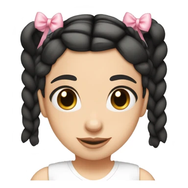 A white girl wearing white T-shirt with two braids and bangs with pink ribbon bow on each braid looking forward..black hair and brown eyes small nose and pink lips sticker