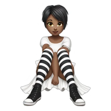 Hyperrealistic Frontal view curvy emo girl sits white skirt striped stockings hands up sticker