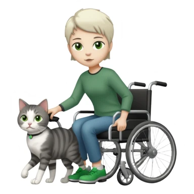 full body small short hair dark grey and white cat with green eyes walking in a wheelchair for cats sticker