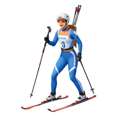 An icon showing a biathlete skiing on a snow-covered Olympic track with a rifle on their back. Cheering fans fill the stands. Majestic mountains, snowy trees, and a bright blue sky complete the scenic winter landscape. Transparent background captures the spirit of biathlon. sticker