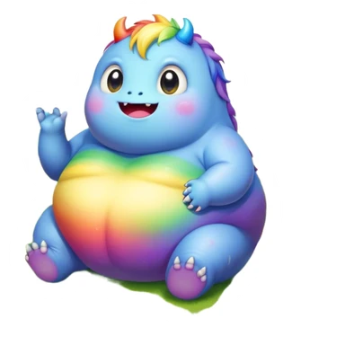 Kawaii derpy fat rainbow monster sitting in a magic field, rich textures, visually detailed, so lifelike that it feels like it could leap off the page at any moment sticker