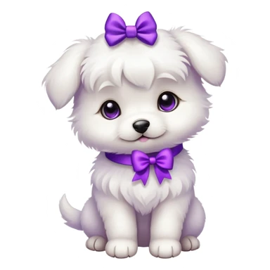 Translation: "A small white puppy with a purple bow." sticker