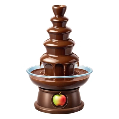3D render of Chocolate Fountain, made entirely of dessert materials, glistening sugar crystal texture, flowing liquid dark brown chocolate, delicious confectionery aesthetic, Apple emoji style, isolated on white background --v 6.0. sticker
