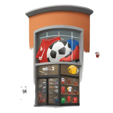“Soccer store exterior with bold signage, large windows showcasing football gear, jerseys, and accessories, and a dynamic, athletic design reflecting the energy of the sport.” sticker